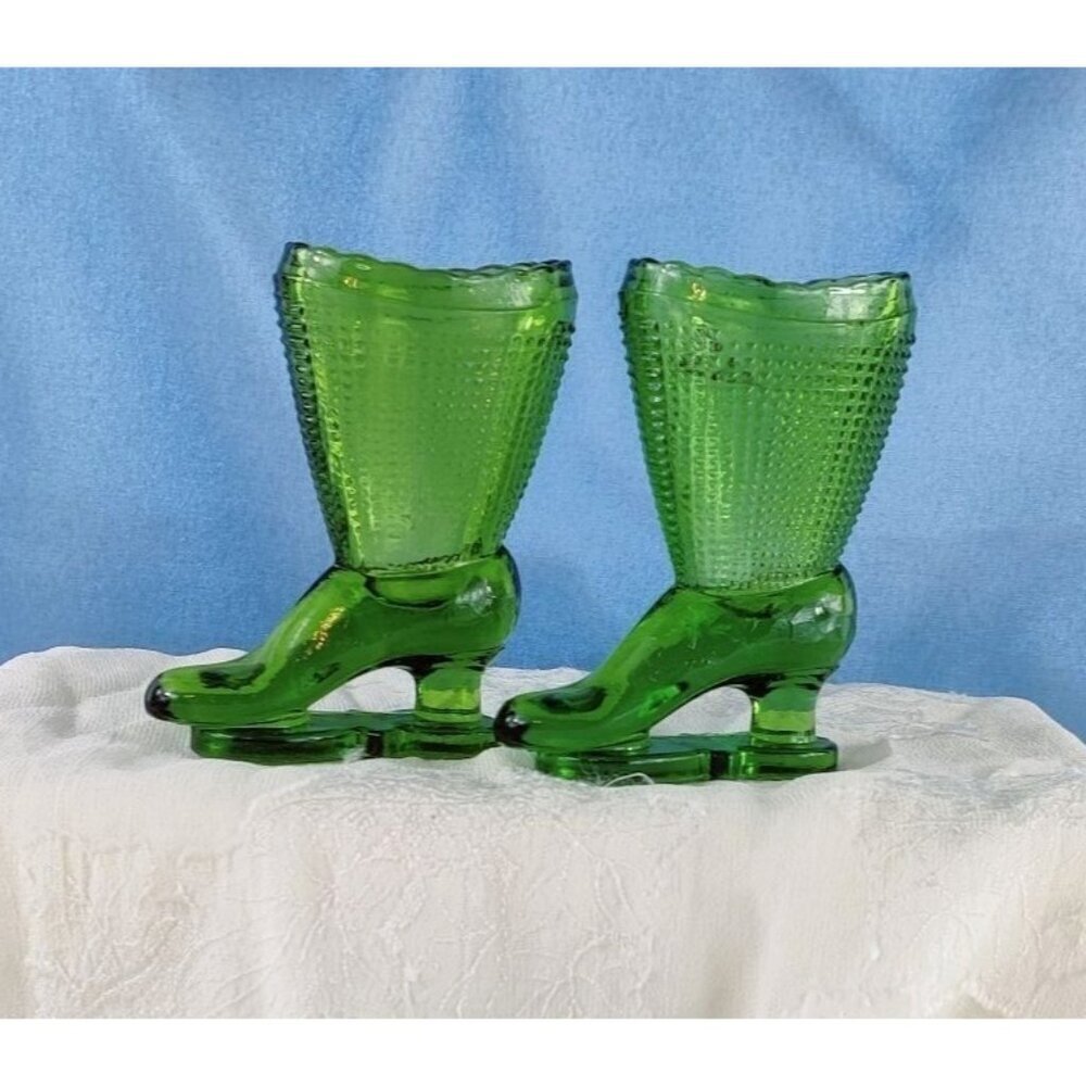 LE Smith Ice Skate Boots Pair Green Pressed Glass Vase Toothpick Holder 3.5" MCM